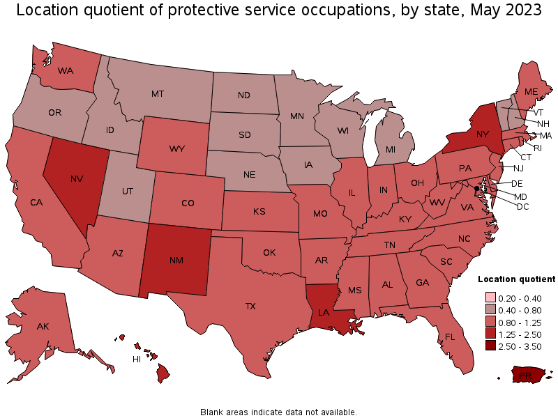 Map of location quotient of protective service occupations by state, May 2023