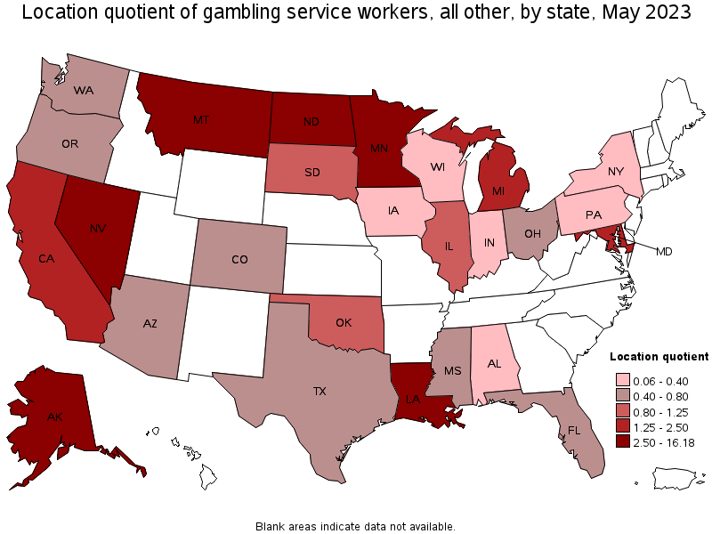 Map of location quotient of gambling service workers, all other by state, May 2023
