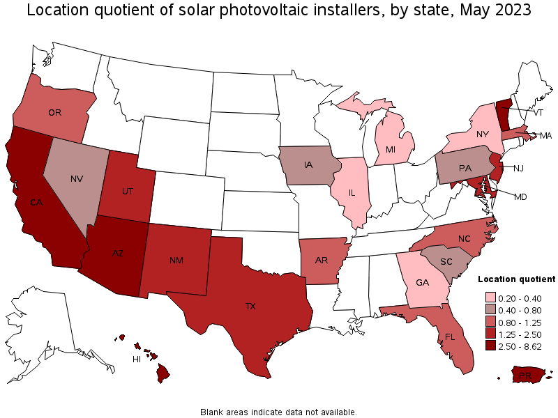 Map of location quotient of solar photovoltaic installers by state, May 2023