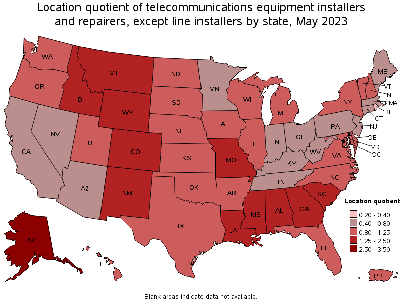 Map of location quotient of telecommunications equipment installers and repairers, except line installers by state, May 2023