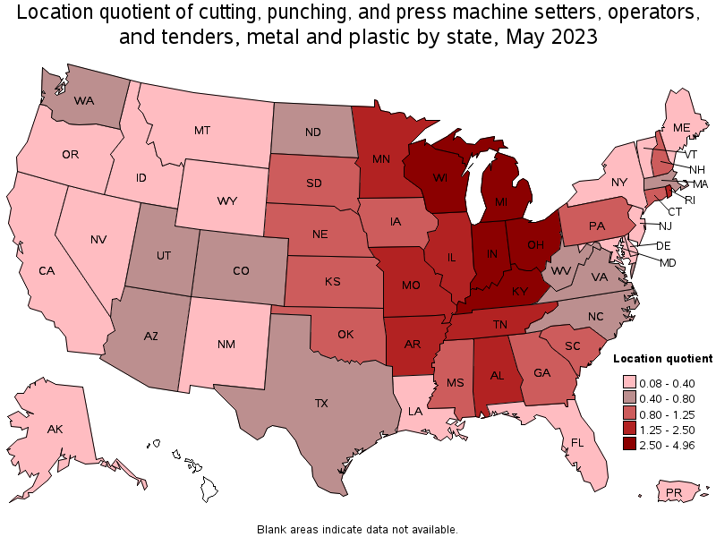 Map of location quotient of cutting, punching, and press machine setters, operators, and tenders, metal and plastic by state, May 2023