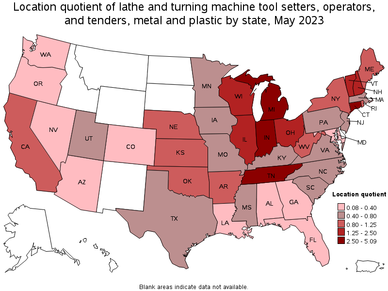 Map of location quotient of lathe and turning machine tool setters, operators, and tenders, metal and plastic by state, May 2023