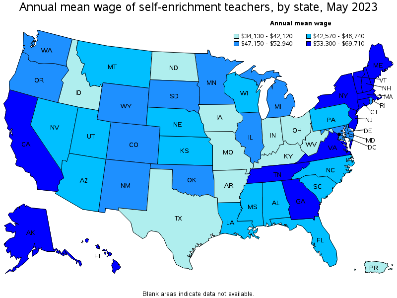 Map of annual mean wages of self-enrichment teachers by state, May 2023