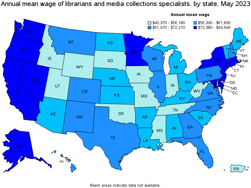 Map of annual mean wages of librarians and media collections specialists by state, May 2023