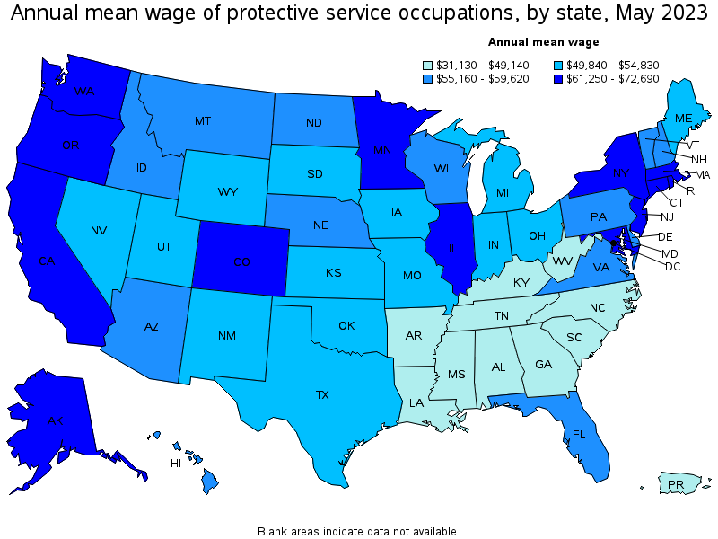 Map of annual mean wages of protective service occupations by state, May 2023