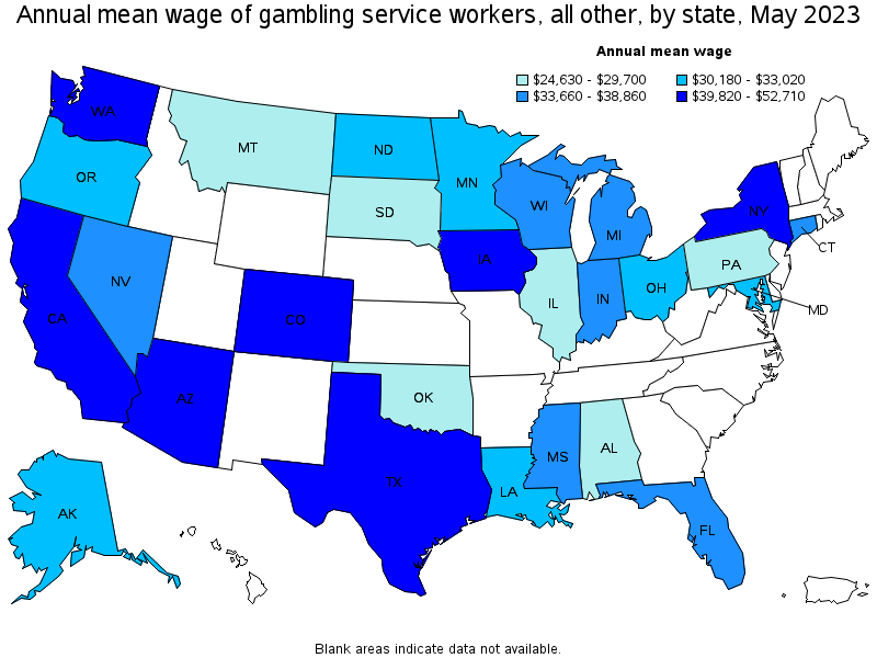 Map of annual mean wages of gambling service workers, all other by state, May 2023
