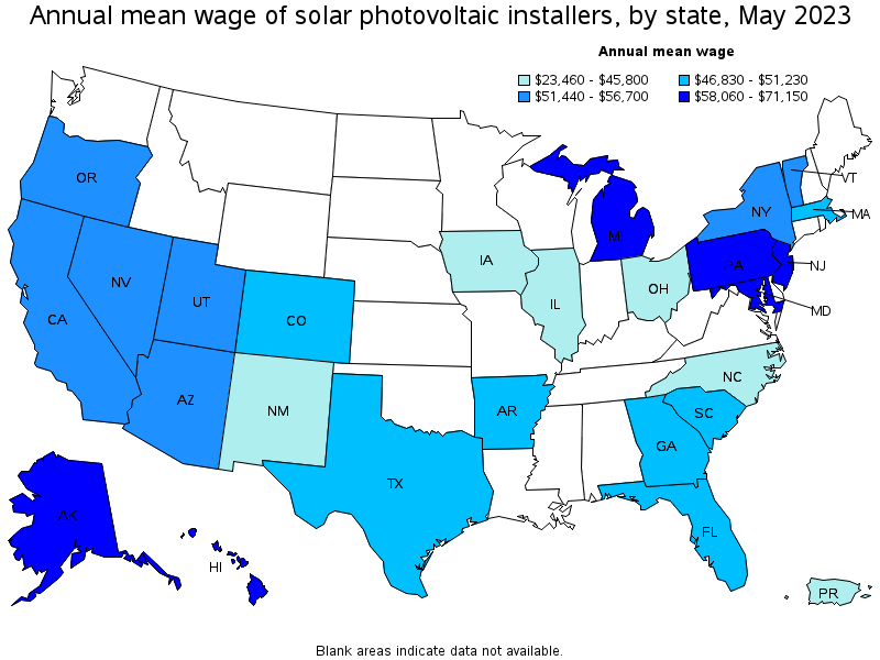 Map of annual mean wages of solar photovoltaic installers by state, May 2023