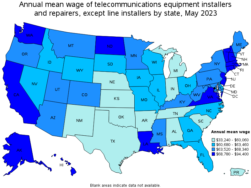 Map of annual mean wages of telecommunications equipment installers and repairers, except line installers by state, May 2023