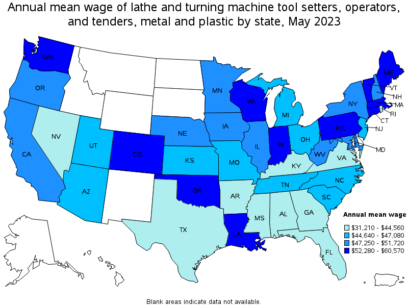 Map of annual mean wages of lathe and turning machine tool setters, operators, and tenders, metal and plastic by state, May 2023