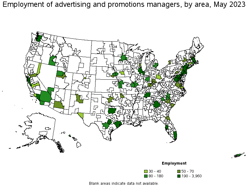 Map of employment of advertising and promotions managers by area, May 2023