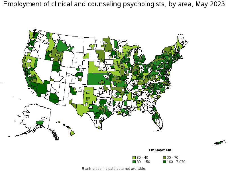 Map of employment of clinical and counseling psychologists by area, May 2023