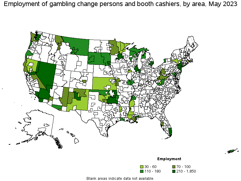 Map of employment of gambling change persons and booth cashiers by area, May 2023