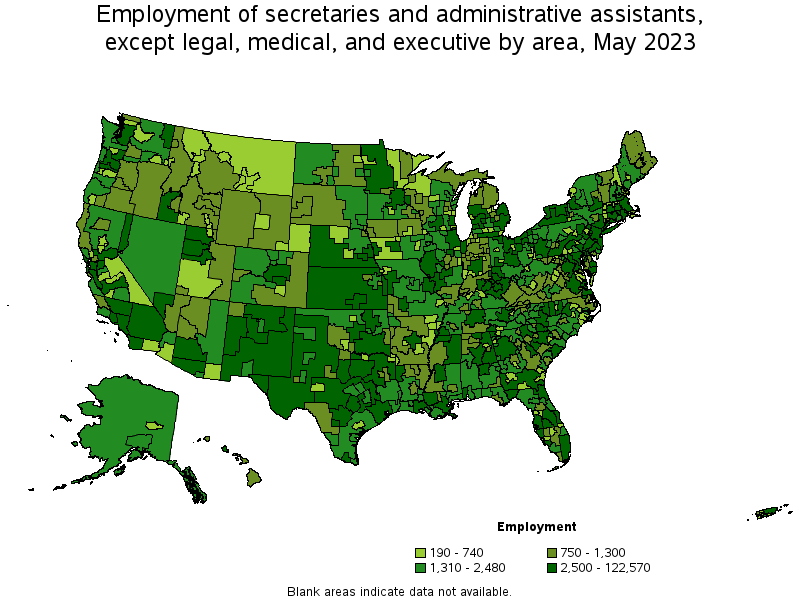 Map of employment of secretaries and administrative assistants, except legal, medical, and executive by area, May 2023