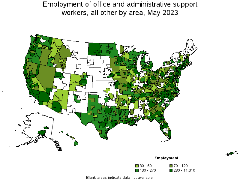 Map of employment of office and administrative support workers, all other by area, May 2023