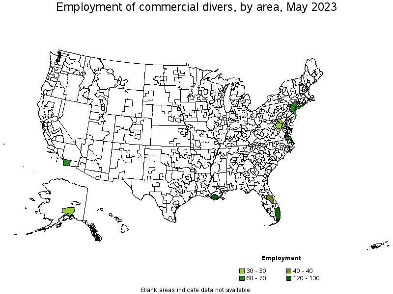 Map of employment of commercial divers by area, May 2023