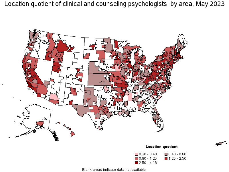 Map of location quotient of clinical and counseling psychologists by area, May 2023