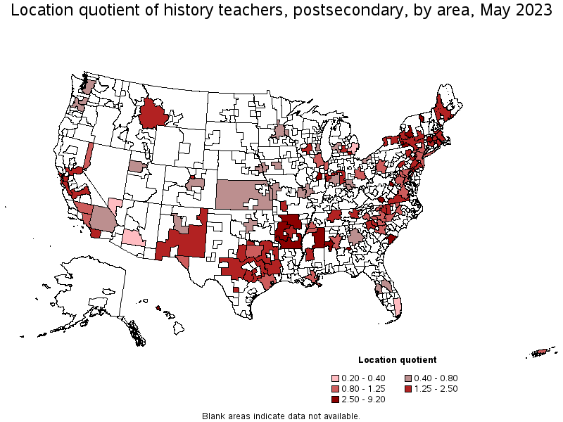 Map of location quotient of history teachers, postsecondary by area, May 2023