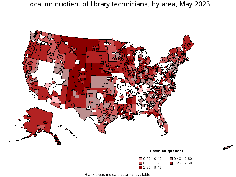 Map of location quotient of library technicians by area, May 2023