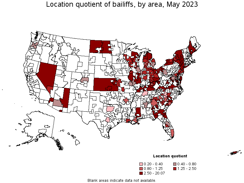 Map of location quotient of bailiffs by area, May 2023