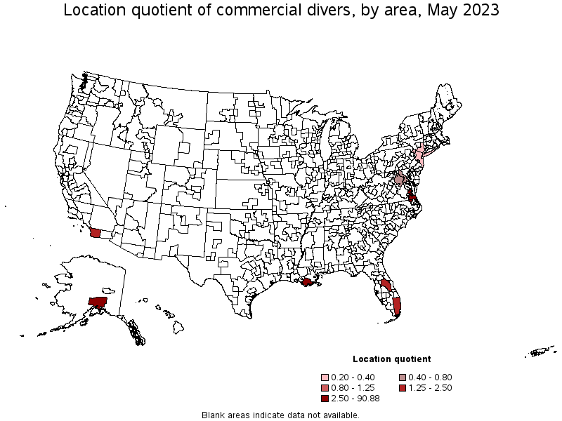 Map of location quotient of commercial divers by area, May 2023