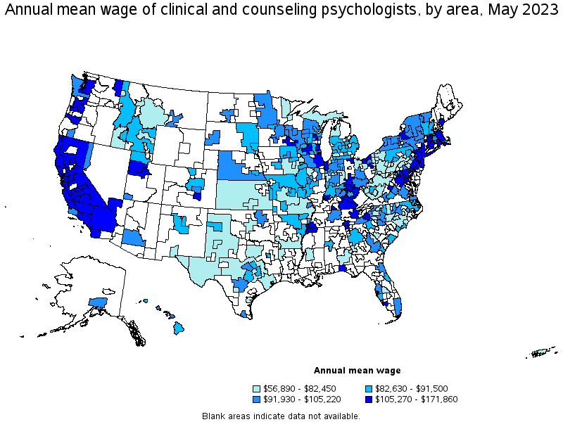 Map of annual mean wages of clinical and counseling psychologists by area, May 2023