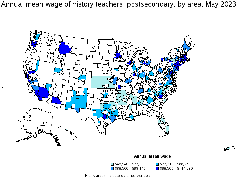 Map of annual mean wages of history teachers, postsecondary by area, May 2023
