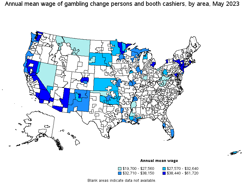 Map of annual mean wages of gambling change persons and booth cashiers by area, May 2023