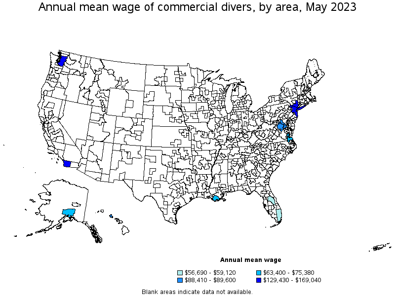 Map of annual mean wages of commercial divers by area, May 2023