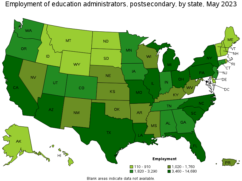 Map of employment of education administrators, postsecondary by state, May 2023