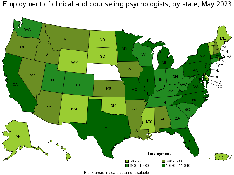 Map of employment of clinical and counseling psychologists by state, May 2023