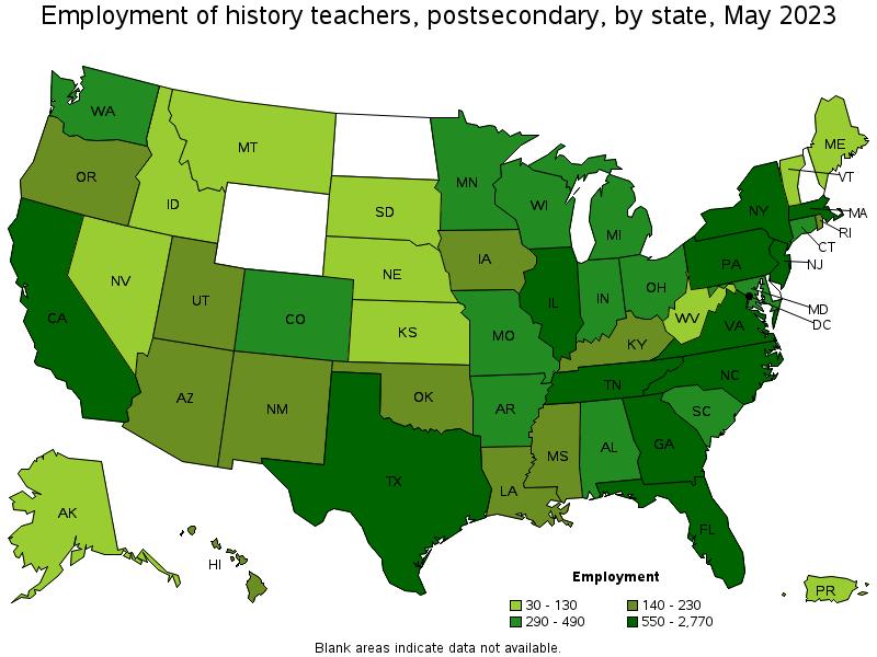 Map of employment of history teachers, postsecondary by state, May 2023