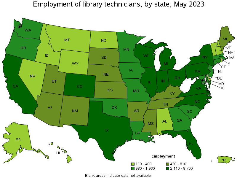 Map of employment of library technicians by state, May 2023