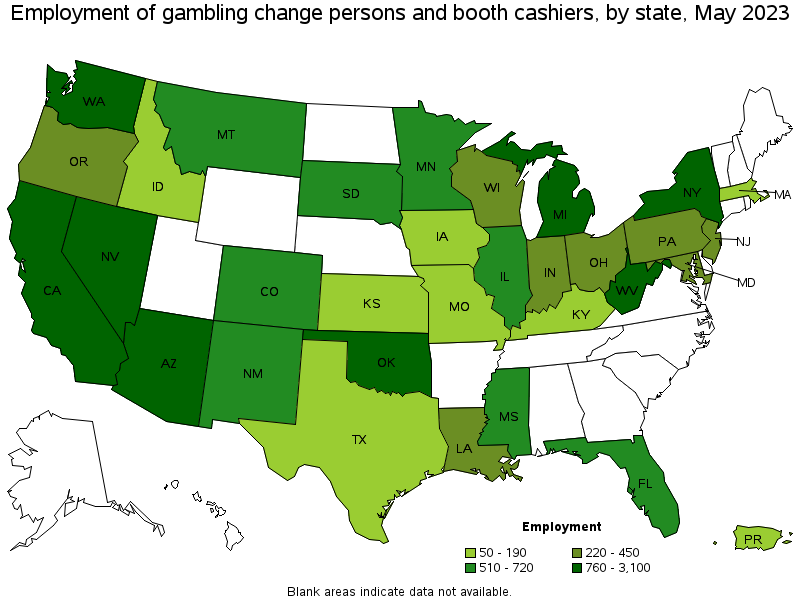 Map of employment of gambling change persons and booth cashiers by state, May 2023