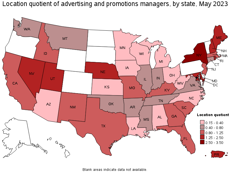 Map of location quotient of advertising and promotions managers by state, May 2023