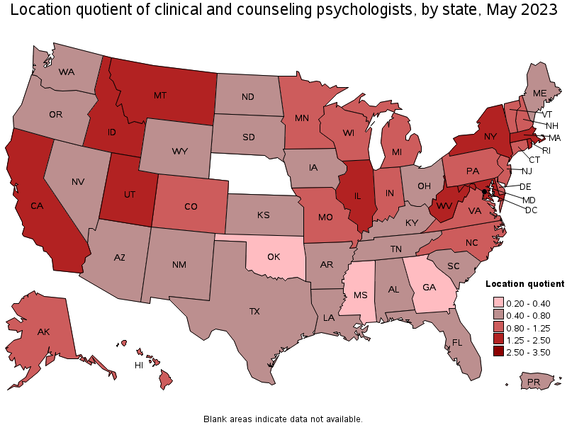 Map of location quotient of clinical and counseling psychologists by state, May 2023