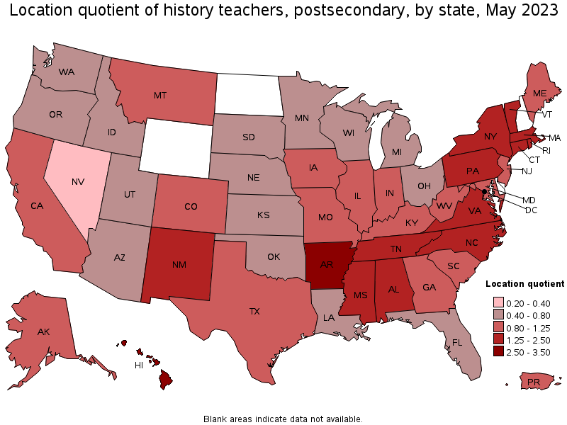 Map of location quotient of history teachers, postsecondary by state, May 2023