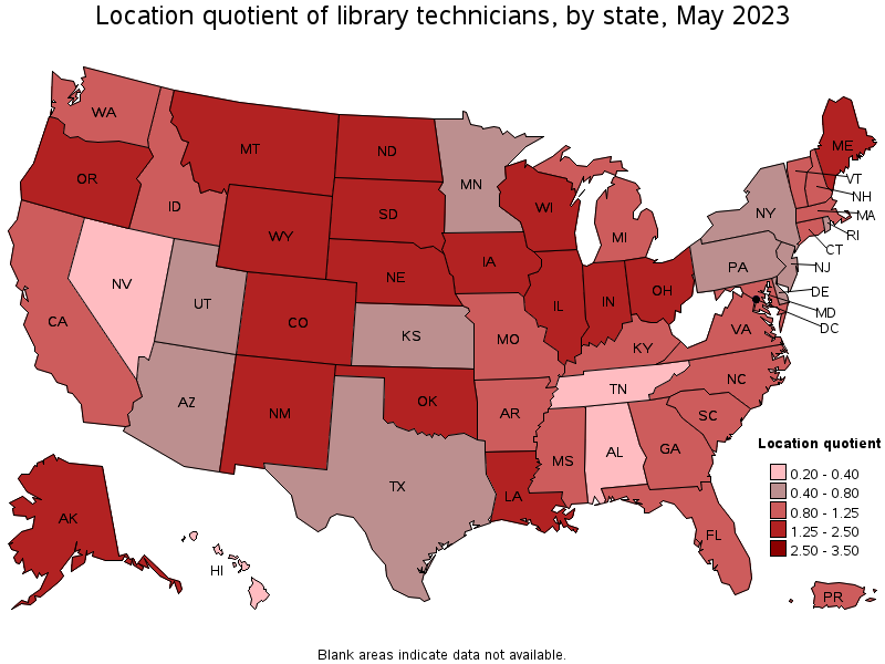 Map of location quotient of library technicians by state, May 2023