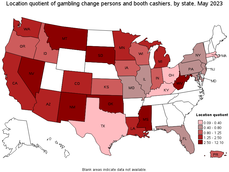 Map of location quotient of gambling change persons and booth cashiers by state, May 2023