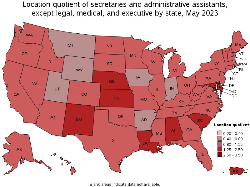 Map of location quotient of secretaries and administrative assistants, except legal, medical, and executive by state, May 2023