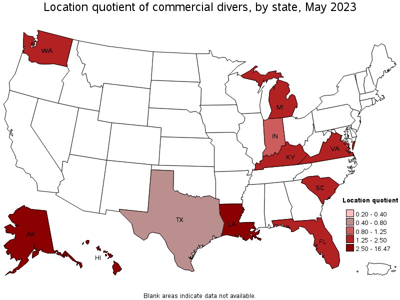 Map of location quotient of commercial divers by state, May 2023