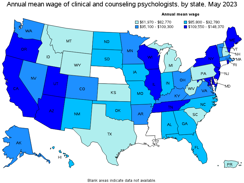 Map of annual mean wages of clinical and counseling psychologists by state, May 2023