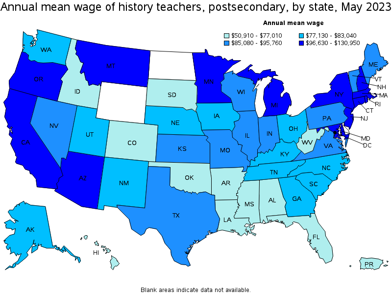 Map of annual mean wages of history teachers, postsecondary by state, May 2023