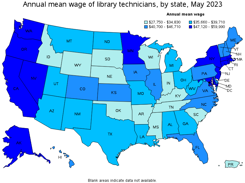 Map of annual mean wages of library technicians by state, May 2023