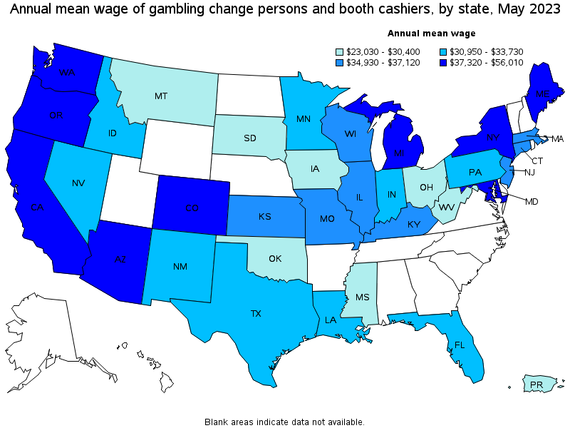 Map of annual mean wages of gambling change persons and booth cashiers by state, May 2023