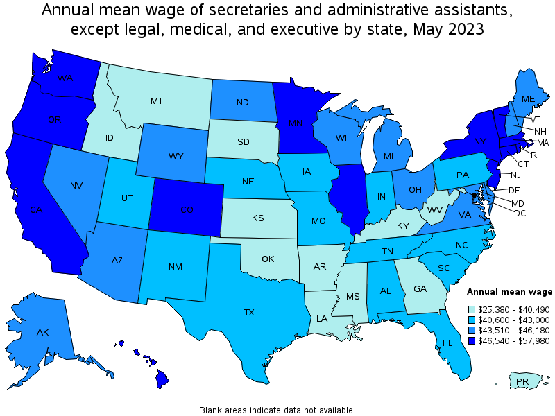 Map of annual mean wages of secretaries and administrative assistants, except legal, medical, and executive by state, May 2023