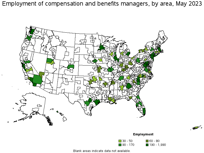 Map of employment of compensation and benefits managers by area, May 2021