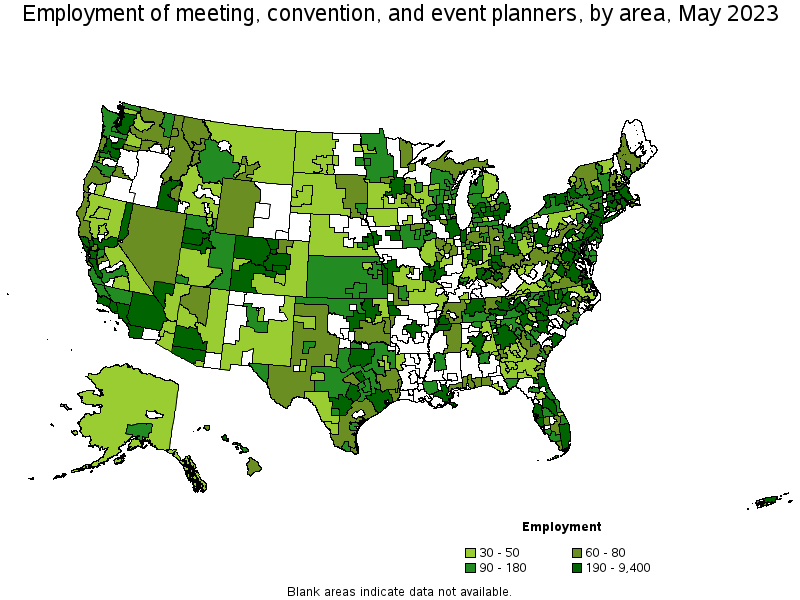 Map of employment of meeting, convention, and event planners by area, May 2022