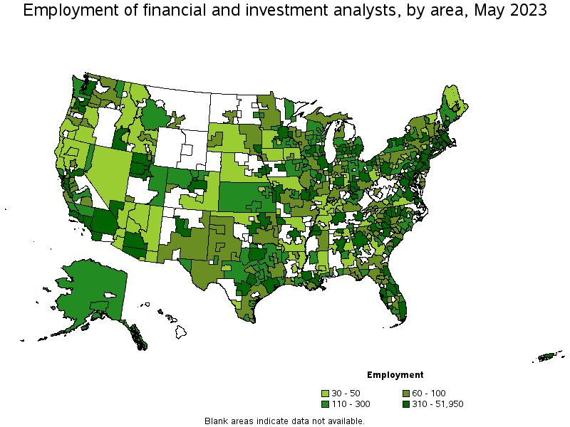 Map of employment of financial and investment analysts by area, May 2022