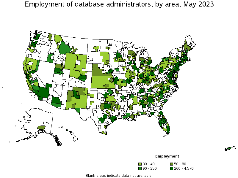 Map of employment of database administrators by area, May 2022