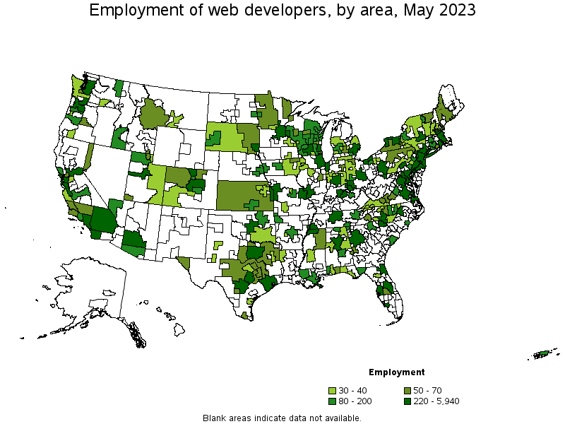 Map of employment of web developers by area, May 2021